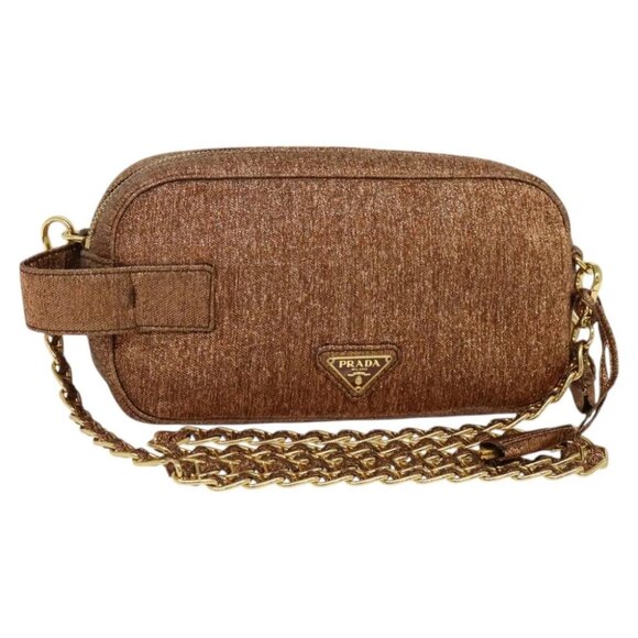 PRADA Chain Shoulder Bag lame Gold Brown Auth - Picture 1 of 16